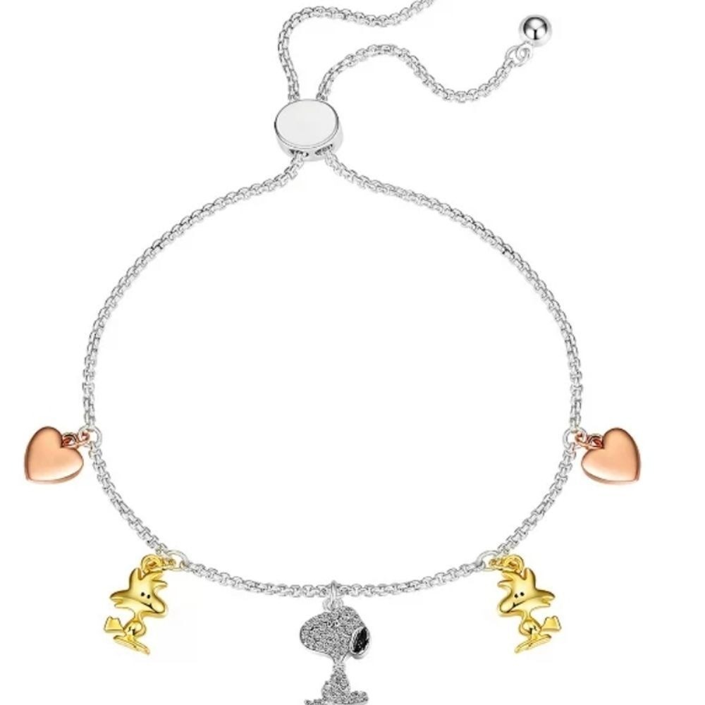 Peanuts Tri-Tone Crystal Snoopy, Woodstock Heart Charm Bolo Bracelet